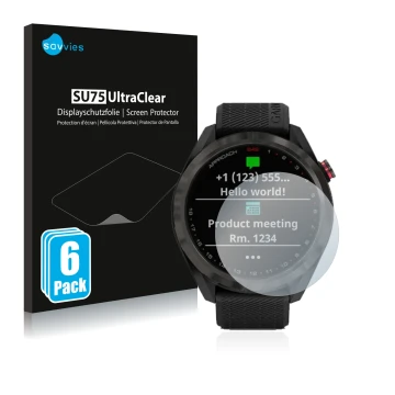 Parte frontale di una confezione del prodotto con il logo del marchio Savvies. Accanto è raffigurato il dispositivo Garmin App