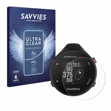 Parte frontale di una confezione del prodotto con il logo del marchio Savvies. Accanto è raffigurato il dispositivo Garmin App