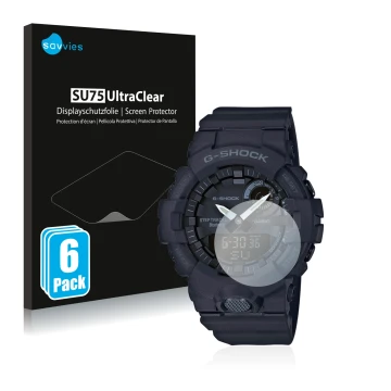 Parte frontale di una confezione del prodotto con il logo del marchio Savvies. Accanto è raffigurato il dispositivo Casio G-Sh