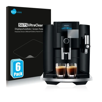 Parte frontale di una confezione del prodotto con il logo del marchio Savvies. Accanto è raffigurato il dispositivo Jura E8 (E