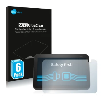 Parte frontale di una confezione del prodotto con il logo del marchio Savvies. Accanto è raffigurato il dispositivo Amazon Ech