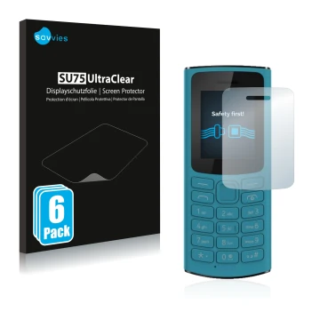 Parte frontale di una confezione del prodotto con il logo del marchio Savvies. Accanto è raffigurato il dispositivo Nokia 105 