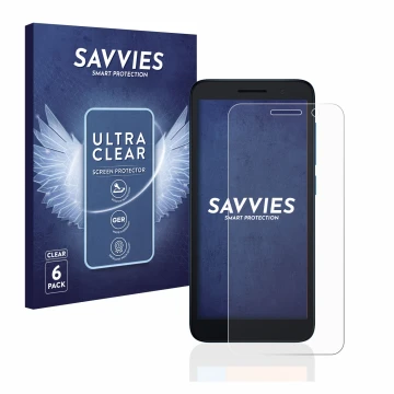 Parte frontale di una confezione del prodotto con il logo del marchio Savvies. Accanto è raffigurato il dispositivo Alcatel 1 