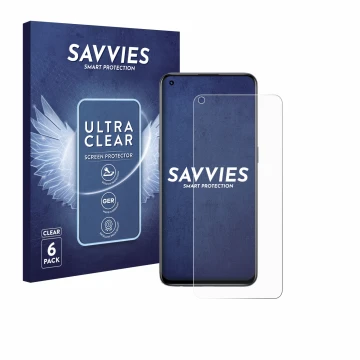 Parte frontale di una confezione del prodotto con il logo del marchio Savvies. Accanto è raffigurato il dispositivo realme GT 