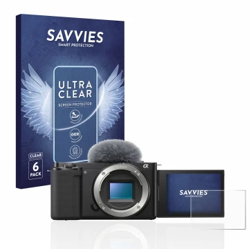 Parte frontale di una confezione del prodotto con il logo del marchio Savvies. Accanto è raffigurato il dispositivo Sony Alpha