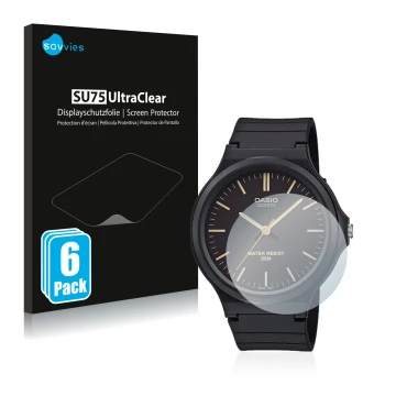 Parte frontale di una confezione del prodotto con il logo del marchio Savvies. Accanto è raffigurato il dispositivo Casio Unis