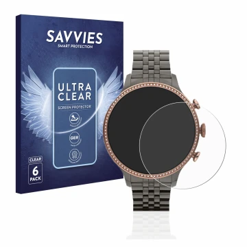 Parte frontale di una confezione del prodotto con il logo del marchio Savvies. Accanto è raffigurato il dispositivo Fossil Gen