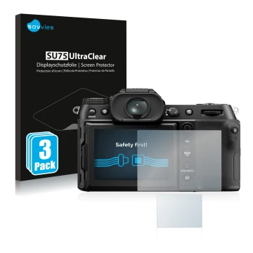 Parte frontale di una confezione del prodotto con il logo del marchio Savvies. Accanto è raffigurato il dispositivo Fujifilm G