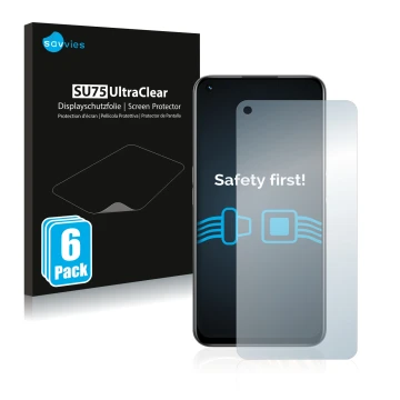 Parte frontale di una confezione del prodotto con il logo del marchio Savvies. Accanto è raffigurato il dispositivo realme 8i 
