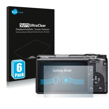 Parte frontale di una confezione del prodotto con il logo del marchio Savvies. Accanto è raffigurato il dispositivo Ricoh GR I