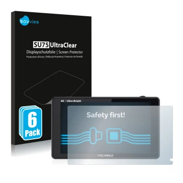 Parte frontale di una confezione del prodotto con il logo del marchio Savvies. Accanto è raffigurato il dispositivo Feelworld 