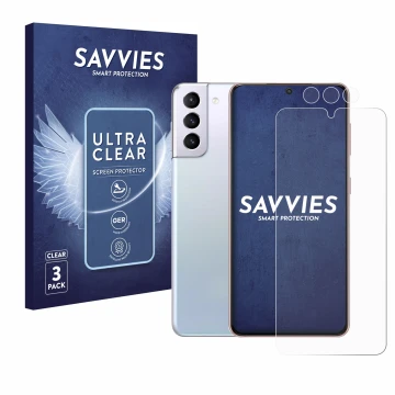 Parte frontale di una confezione del prodotto con il logo del marchio Savvies. Accanto è raffigurato il dispositivo Samsung Ga