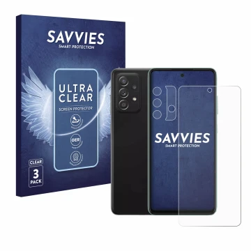 Parte frontale di una confezione del prodotto con il logo del marchio Savvies. Accanto è raffigurato il dispositivo Samsung Ga
