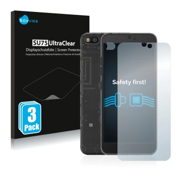 Parte frontale di una confezione del prodotto con il logo del marchio Savvies. Accanto è raffigurato il dispositivo Fairphone 