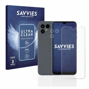 Parte frontale di una confezione del prodotto con il logo del marchio Savvies. Accanto è raffigurato il dispositivo Fairphone 