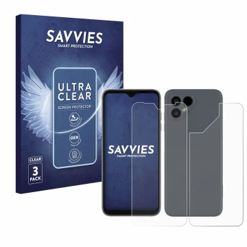 Parte frontale di una confezione del prodotto con il logo del marchio Savvies. Accanto è raffigurato il dispositivo Fairphone 