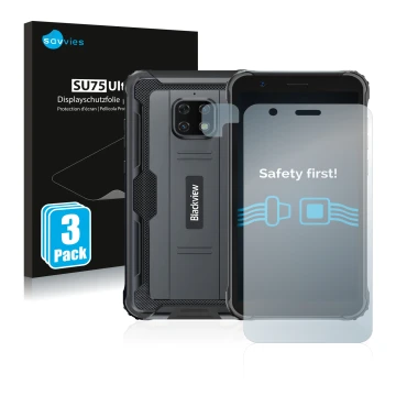 Parte frontale di una confezione del prodotto con il logo del marchio Savvies. Accanto è raffigurato il dispositivo Blackview 