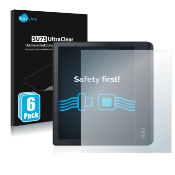 Parte frontale di una confezione del prodotto con il logo del marchio Savvies. Accanto è raffigurato il dispositivo Kobo Sage 