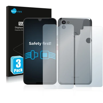 Parte frontale di una confezione del prodotto con il logo del marchio Savvies. Accanto è raffigurato il dispositivo Gigaset GS