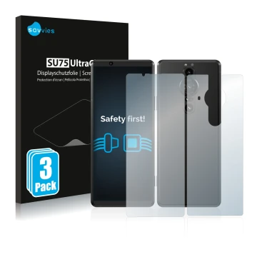 Parte frontale di una confezione del prodotto con il logo del marchio Savvies. Accanto è raffigurato il dispositivo Sony Xperi