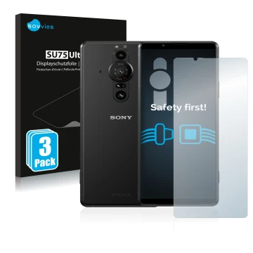 Parte frontale di una confezione del prodotto con il logo del marchio Savvies. Accanto è raffigurato il dispositivo Sony Xperi