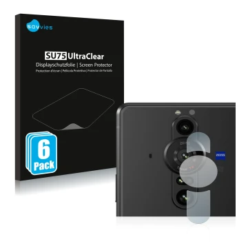 Parte frontale di una confezione del prodotto con il logo del marchio Savvies. Accanto è raffigurato il dispositivo Sony Xperi