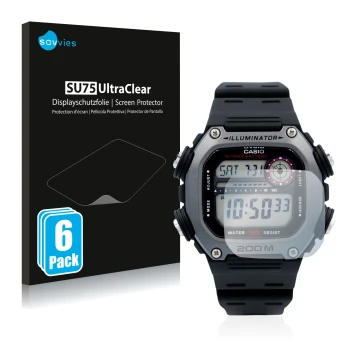 Parte frontale di una confezione del prodotto con il logo del marchio Savvies. Accanto è raffigurato il dispositivo Casio DW-2