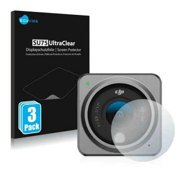 Parte frontale di una confezione del prodotto con il logo del marchio Savvies. Accanto è raffigurato il dispositivo DJI Action