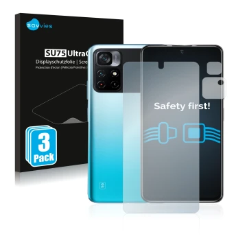 Parte frontale di una confezione del prodotto con il logo del marchio Savvies. Accanto è raffigurato il dispositivo Xiaomi Poc