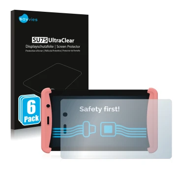 Parte frontale di una confezione del prodotto con il logo del marchio Savvies. Accanto è raffigurato il dispositivo Kurio Tab 