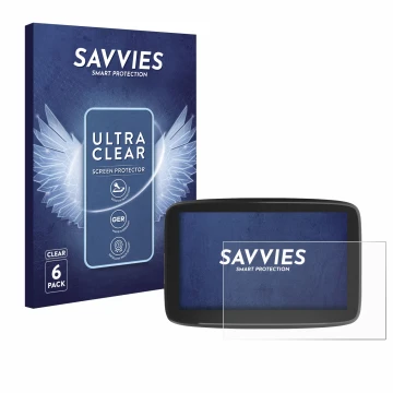 Parte frontale di una confezione del prodotto con il logo del marchio Savvies. Accanto è raffigurato il dispositivo TomTom GO 