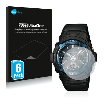 Parte frontale di una confezione del prodotto con il logo del marchio Savvies. Accanto è raffigurato il dispositivo Casio AWG 