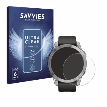 Parte frontale di una confezione del prodotto con il logo del marchio Savvies. Accanto è raffigurato il dispositivo Garmin Fen