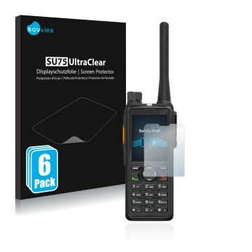 Parte frontale di una confezione del prodotto con il logo del marchio Savvies. Accanto è raffigurato il dispositivo Hytera HP7