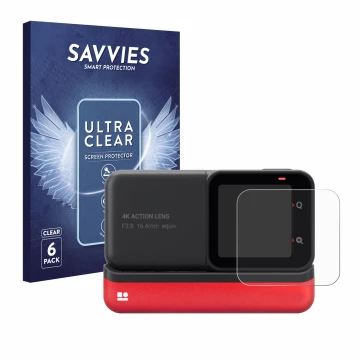 Parte frontale di una confezione del prodotto con il logo del marchio Savvies. Accanto è raffigurato il dispositivo Insta360 O