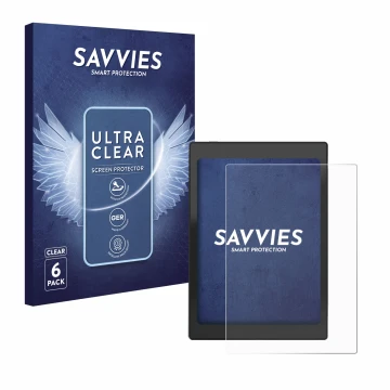 Parte frontale di una confezione del prodotto con il logo del marchio Savvies. Accanto è raffigurato il dispositivo Boox Nova 