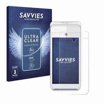 Parte frontale di una confezione del prodotto con il logo del marchio Savvies. Accanto è raffigurato il dispositivo Pax A920 c