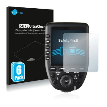 Parte frontale di una confezione del prodotto con il logo del marchio Savvies. Accanto è raffigurato il dispositivo Godox XPro