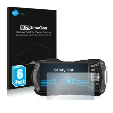 Parte frontale di una confezione del prodotto con il logo del marchio Savvies. Accanto è raffigurato il dispositivo Ricoh WG-8