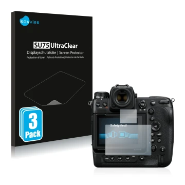 Parte frontale di una confezione del prodotto con il logo del marchio Savvies. Accanto è raffigurato il dispositivo Nikon Z 9 