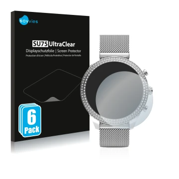 Parte frontale di una confezione del prodotto con il logo del marchio Savvies. Accanto è raffigurato il dispositivo Fossil Ste