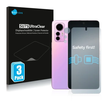 Parte frontale di una confezione del prodotto con il logo del marchio Savvies. Accanto è raffigurato il dispositivo Xiaomi 12 