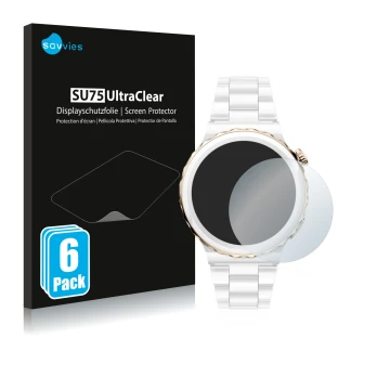 Parte frontale di una confezione del prodotto con il logo del marchio Savvies. Accanto è raffigurato il dispositivo Huawei Wat