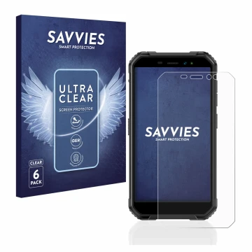 Parte frontale di una confezione del prodotto con il logo del marchio Savvies. Accanto è raffigurato il dispositivo Ulefone Ar