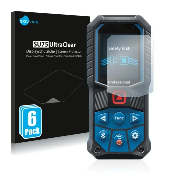 Parte frontale di una confezione del prodotto con il logo del marchio Savvies. Accanto è raffigurato il dispositivo Bosch GLM 