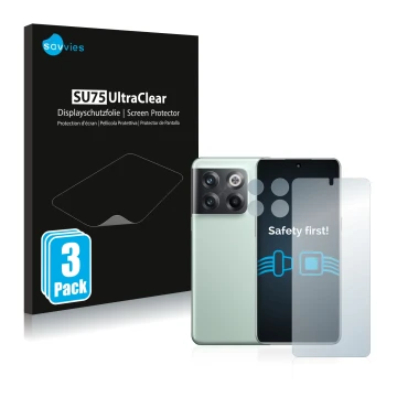 Parte frontale di una confezione del prodotto con il logo del marchio Savvies. Accanto è raffigurato il dispositivo OnePlus 10