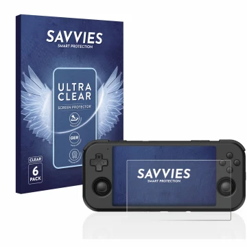 Parte frontale di una confezione del prodotto con il logo del marchio Savvies. Accanto è raffigurato il dispositivo Retroid Po
