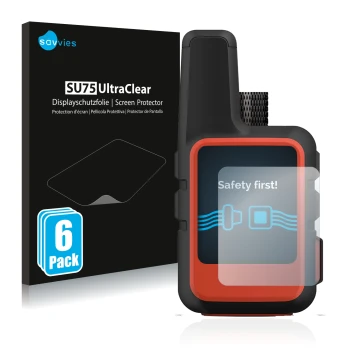 Parte frontale di una confezione del prodotto con il logo del marchio Savvies. Accanto è raffigurato il dispositivo Garmin inR