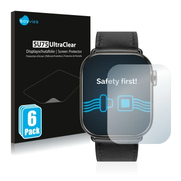 Parte frontale di una confezione del prodotto con il logo del marchio Savvies. Accanto è raffigurato il dispositivo Apple Watc