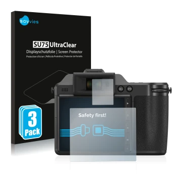 Parte frontale di una confezione del prodotto con il logo del marchio Savvies. Accanto è raffigurato il dispositivo Fujifilm X